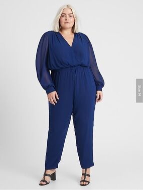 Banana Republic Royal Blue Long Sleeve Jumpsuit Sheer Sleeves 16 Tall Plus Size